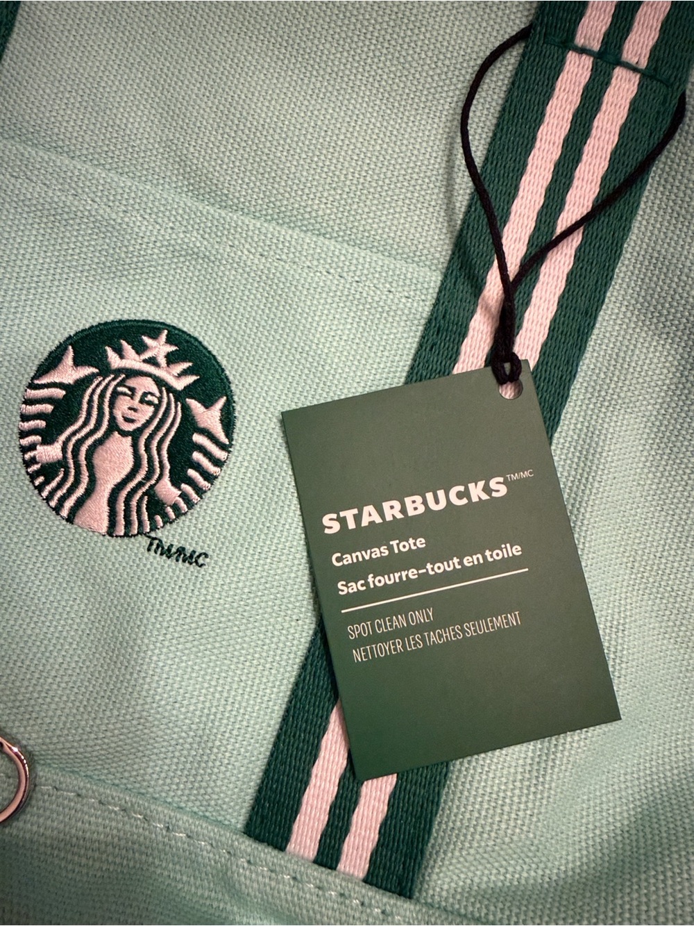 Starbucks Mint Green Canvas Tote with Dark Green Striped Handles - Picture 3 of 4